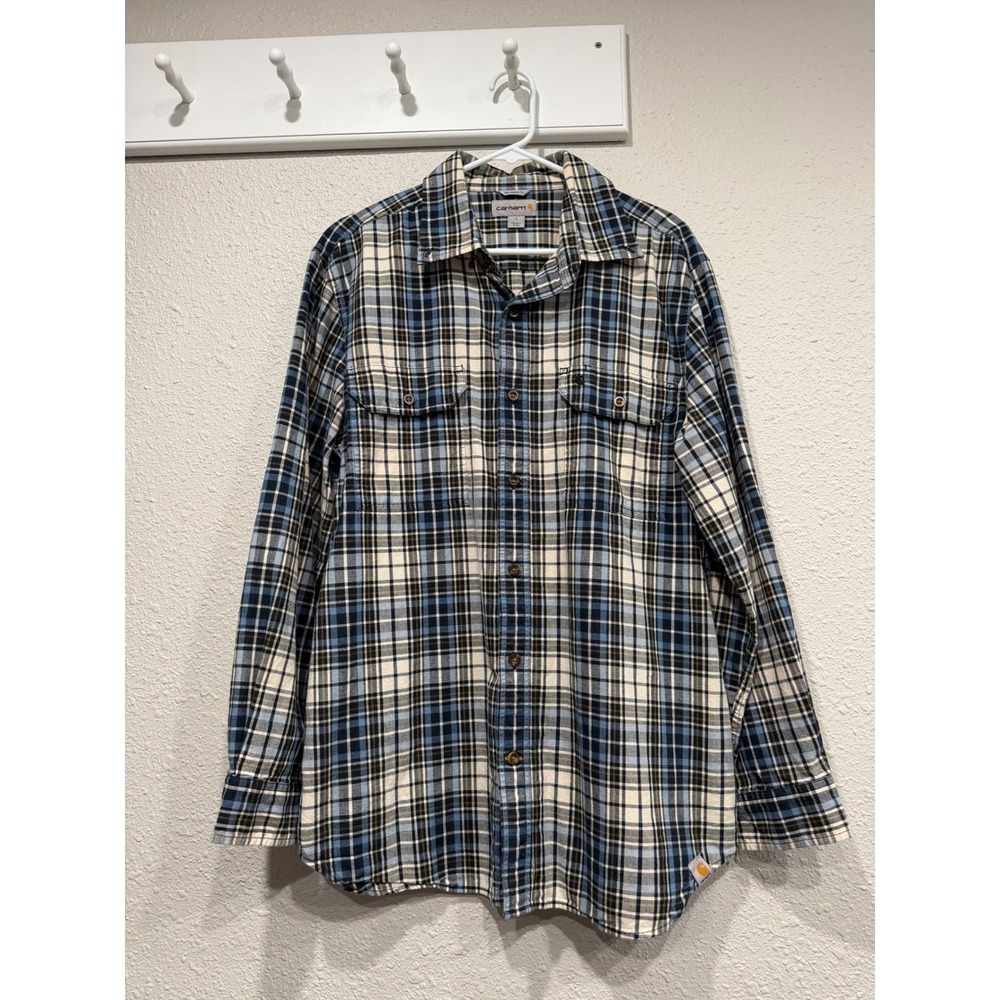 Carhartt Relaxed Fit Plaid Button Down Shirt Blue Cream Mens L Workwear Gorpcore